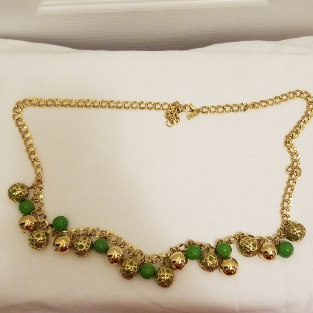 Kate Spade green & gold ball fringe necklace